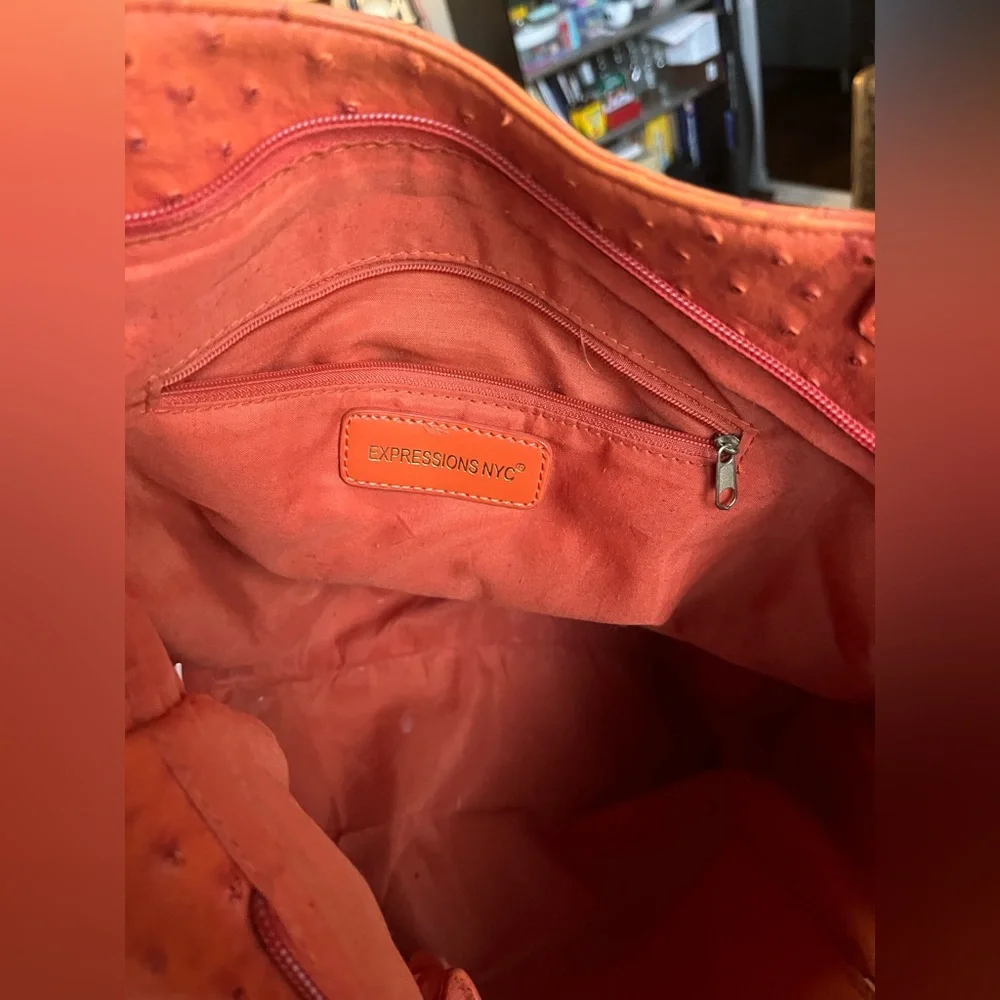 Expressions NYC Orange Faux Ostrich Studded Shoulder Bag Slightly Flawed - Picture 14 of 16